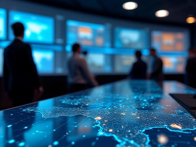 Logistics dispatcher monitoring a fleet on digital screens