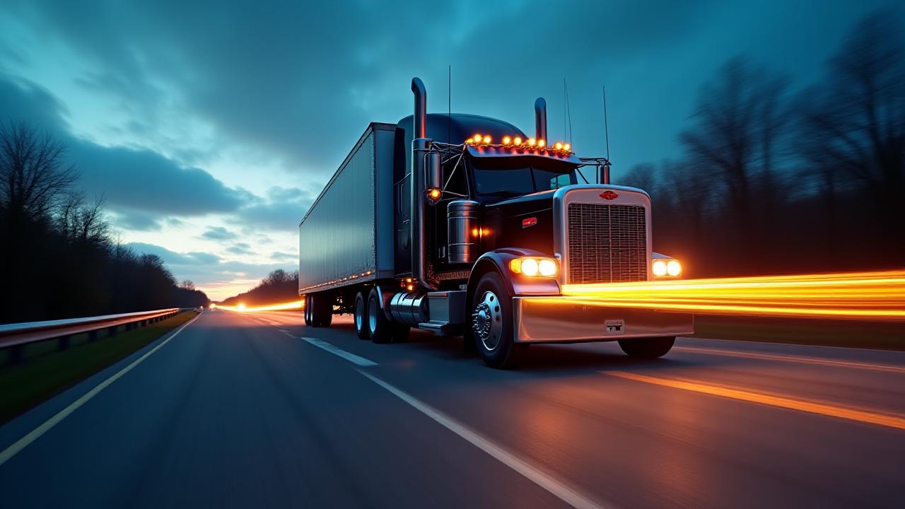 Expedited heavy truck moving at high speed during twilight