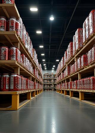 Rows of craft beer cans in a temperature controlled warehouse