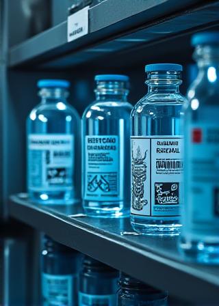 Industrial laboratory chemicals with hazard labels in a cooler